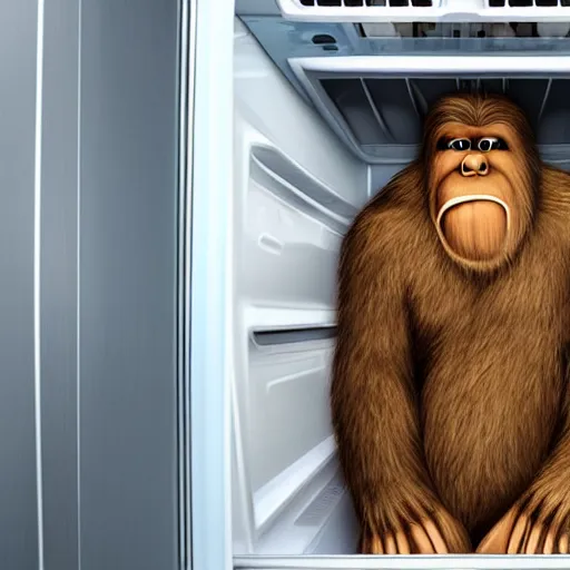 Prompt: bigfoot hiding inside a refrigerator