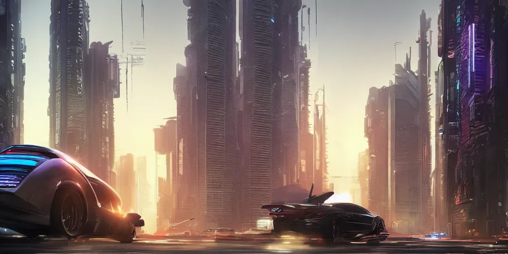 Image similar to a car driving down a street next to tall buildings, cyberpunk art by Vincent Lefevre, cgsociety, retrofuturism, matte painting, reimagined by industrial light and magic