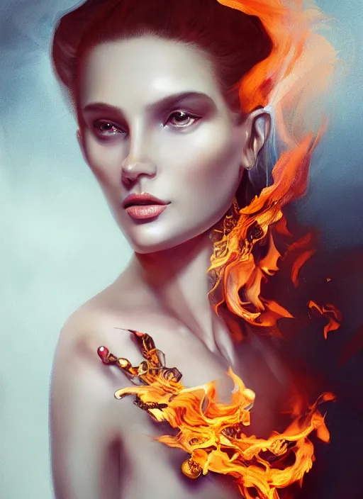 Image similar to 3d fashion portrait with fire, female, future, torch, flame, harper's bazaar, vogue, fashion magazine, intricate, concept art, close up, ornate, luxury, elite, elegant, trending on artstation, by ruan jia, by Kenneth Willardt, by ross tran, by WLOP, by Andrei Riabovitchev,