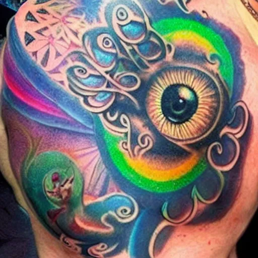 Image similar to shoulder tattoo of a multicolored psychedelic cute bush baby, eyes are colorful spirals, surrounded with colorful magic mushrooms and rainbowcolored marihuana leaves, insanely integrate