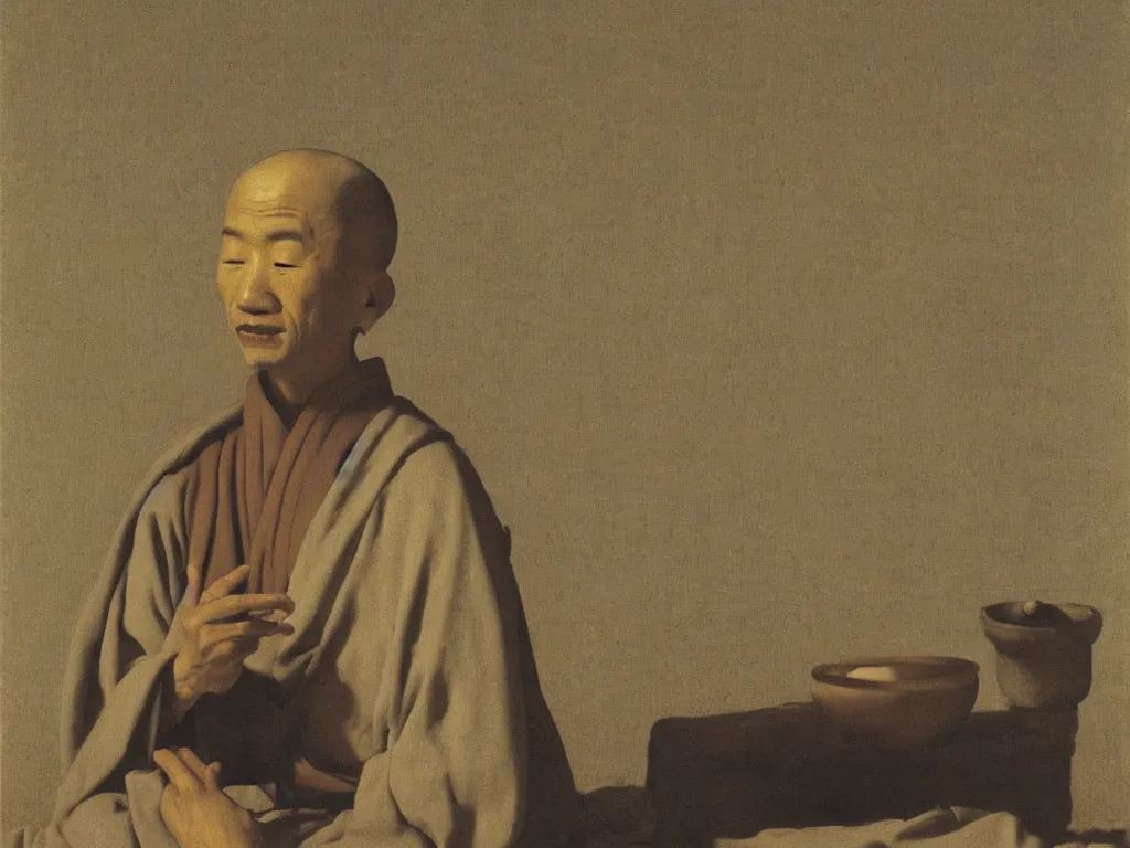 Prompt: Portrait of a Zen monk in trance, with the eyes closed. Still life, grazing light. Painting by Zurbaran