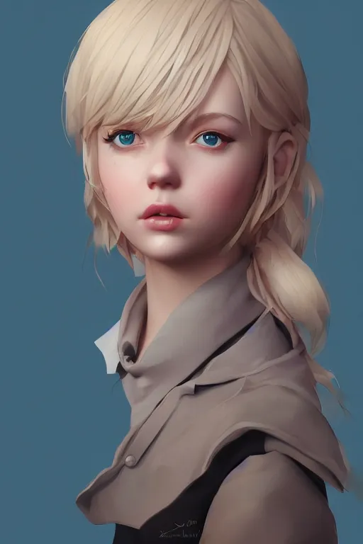 Image similar to complicated dynamic composition, by Loish,ilya kuvshinov,krenz cushart ,Greg Rutkowski, trending on artstation. Zbrush sculpt colored, Octane render in Maya and Houdini VFX,realistic close-up face of cute young blonde girl, deep blue eyes, Amazing textured brush strokes, studio lighting.