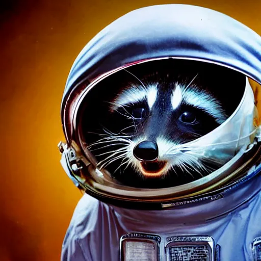 Prompt: realistic photo by annie liebovitz of a raccoon dressed as an astronaut wearing a space helmet, muted low contrast color palette, look of wonder, space background