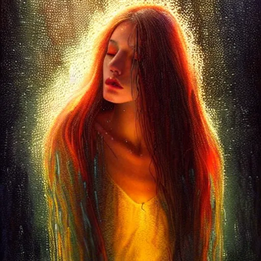 Image similar to bright asthetic portrait LSD glowing backlit rain on face and wet hair in strands, overhead lighting, fantasy, intricate, elegant, dramatic lighting, highly detailed, lifelike, photorealistic, digital painting, artstation, illustration, concept art, smooth, sharp focus, art by John Collier and Albert Aublet and Krenz Cushart and Artem Demura and Alphonse Mucha