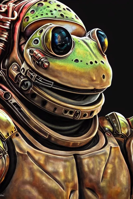 Image similar to a portrait of a muscular anthropomorphic cyberpunk frog in spacesuit armor with ensignia on chest plate by sandra chevrier, by jon foster, detailed render, post - processing, extremely hyperdetailed, intricate, epic composition, cybernetics, 4 k realistic, cryengine, realistic shaded lighting, sharp focus, masterpiece, by enki bilal