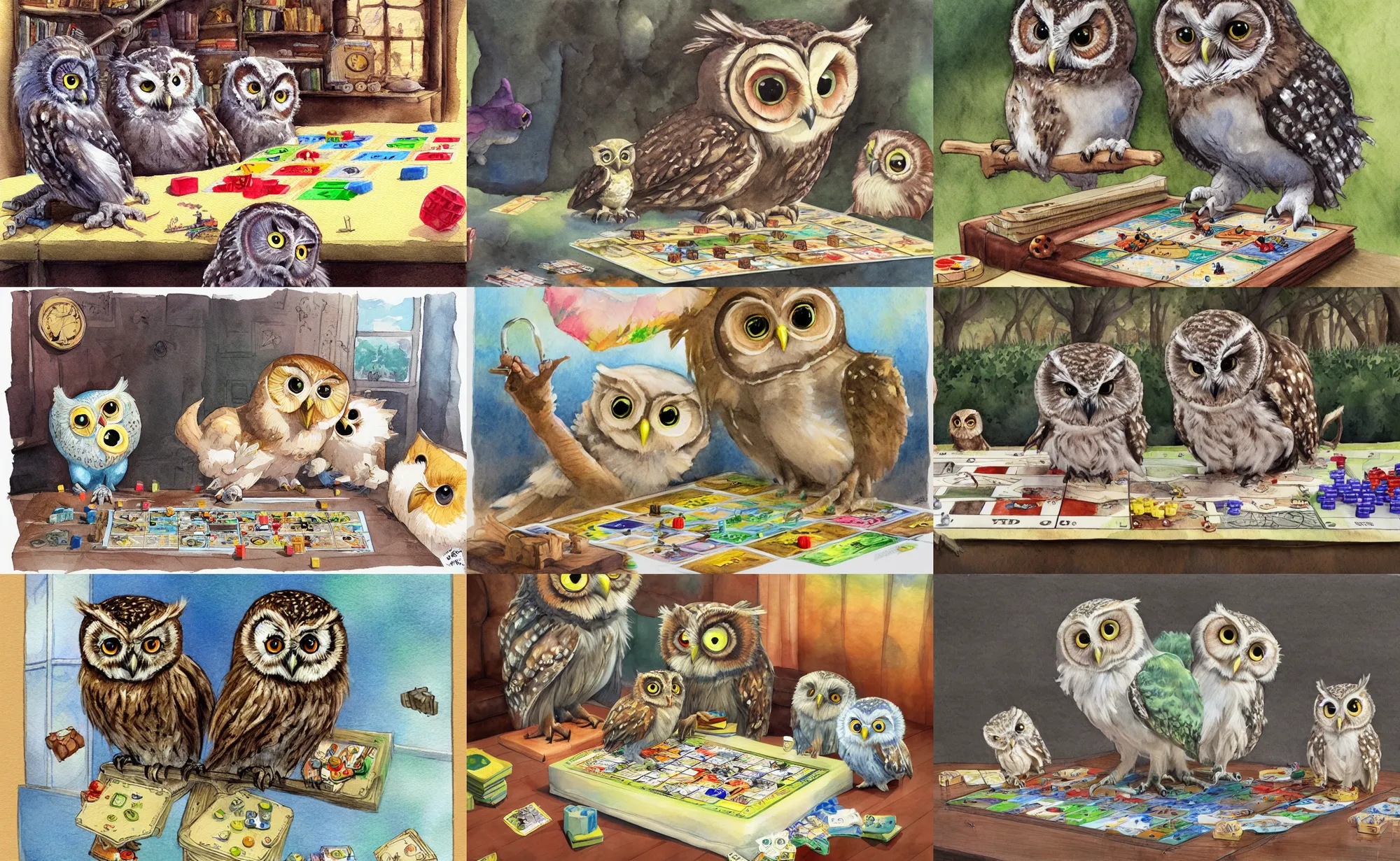 Prompt: baby owl playing board games, children's book watercolor drawing, great composition, trending on artstation, highly detailed, concept art, illustration by Tony DiTerlizzi and Dorothy Brook