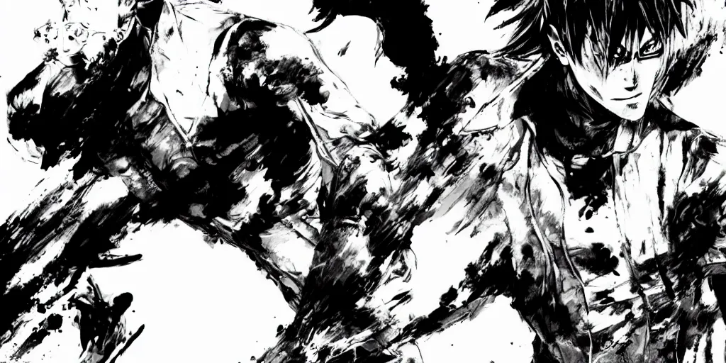 Image similar to a full - body portrait of denji from chainsaw man, in yoji shinkawa's art style, metal gear solid art style, manga, highly detailed, 4 k, artistic, white background, b & w