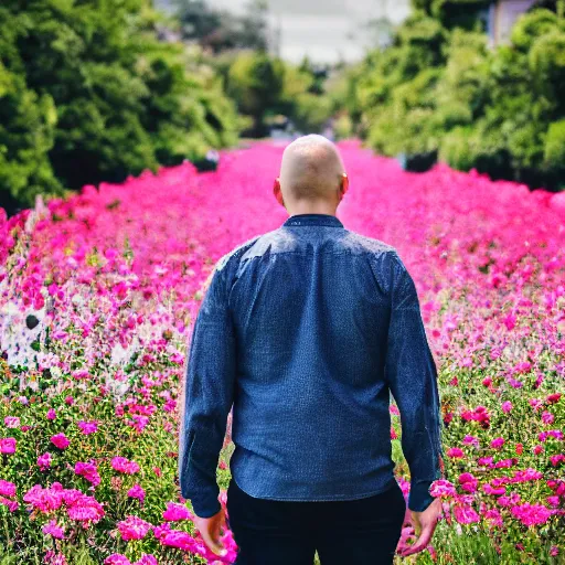 Prompt: a photo of a man standing in a garden surrounded by beautiful flowers