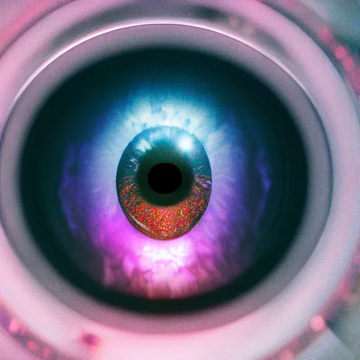 Prompt: a close up of a person's eye in space, a hologram by paul bodmer, cgsociety, holography, redshift, sense of awe, trance compilation cd