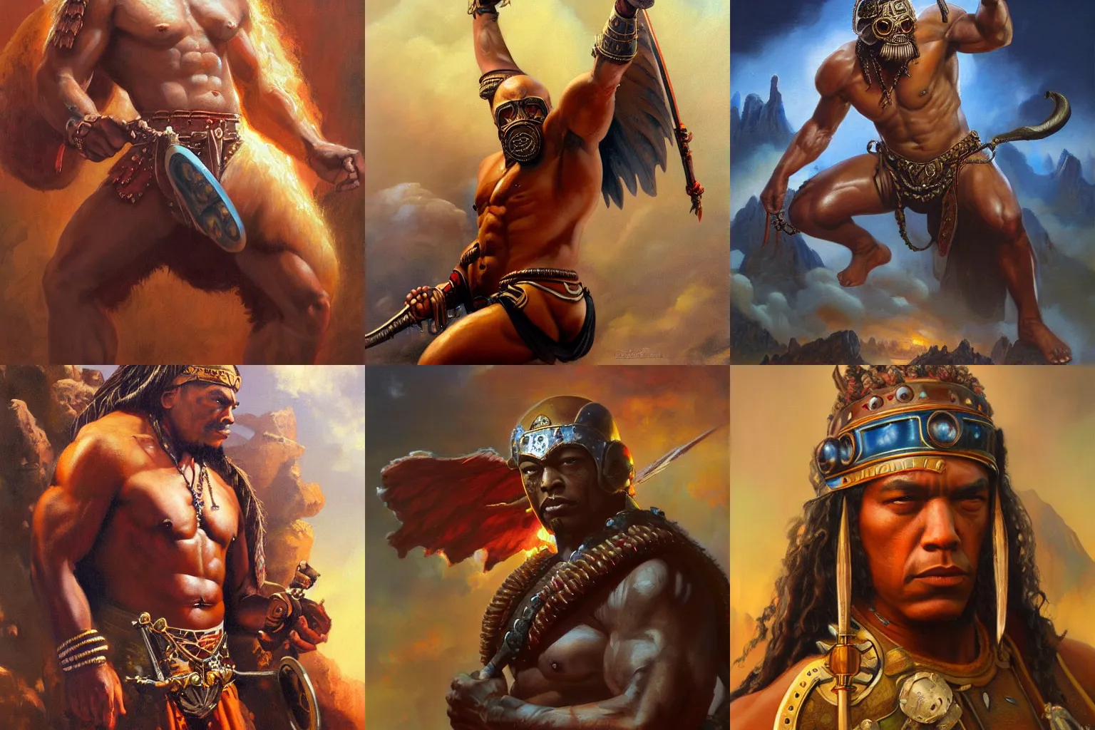 Prompt: Beautiful oil painting depicting Dr. Dre Indian warrior Lucas Graziano, Frank Frazetta, Greg Rutkovsky, Boris Vallejo, epic fantasy portrayal of characters, exquisite details, post-processing, low angle, masterpiece, cinematic