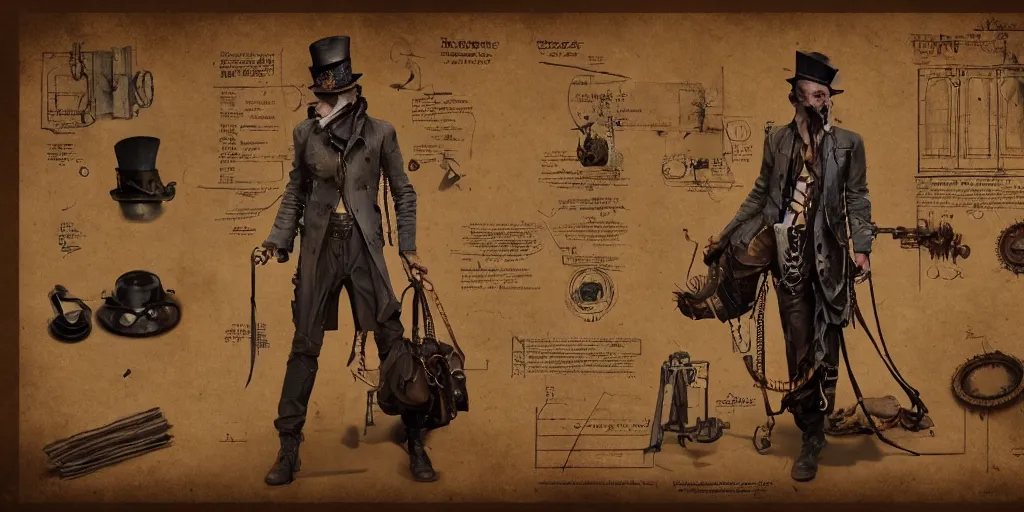 Prompt: steampunk Tom Waits design, character sheet, 3d render, Greg Rutkowski, Zabrocki, Karlkka, Jayison Devadas, Phuoc Quan, trending on Artstation, 8K, ultra wide angle, zenith view, pincushion lens effect