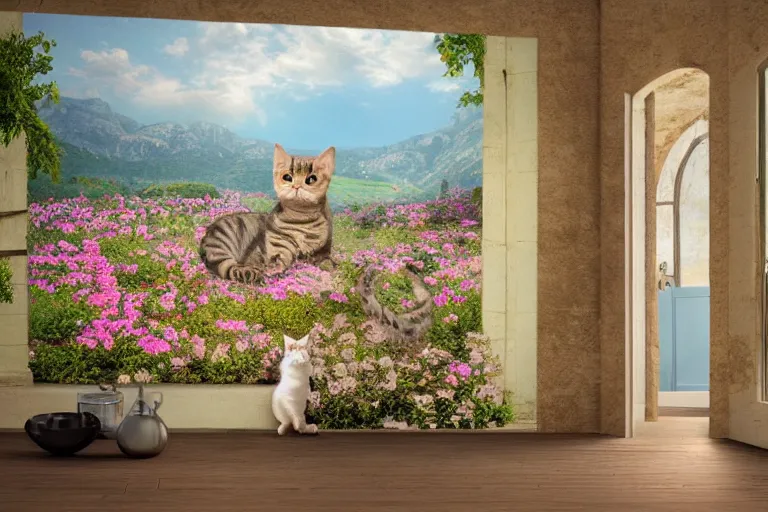 Prompt: a very very very very detailed matte painting of wide angle view on Cute Cat in Provence style Room,