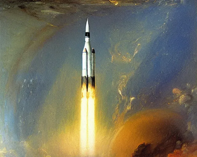 Prompt: an oil painting a saturn v rocket taking off, turner