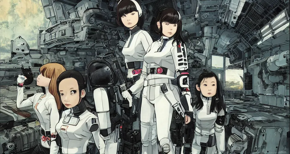 Image similar to pretty young girl with white and black ancestral ornate japanese tactical gear on an abandoned spaceship, long shot, rule of thirds, golden ratio, graphic novel by fiona staples and dustin nguyen, art by beaststars and orange, peter elson, alan bean, studio ghibli, makoto shinkai