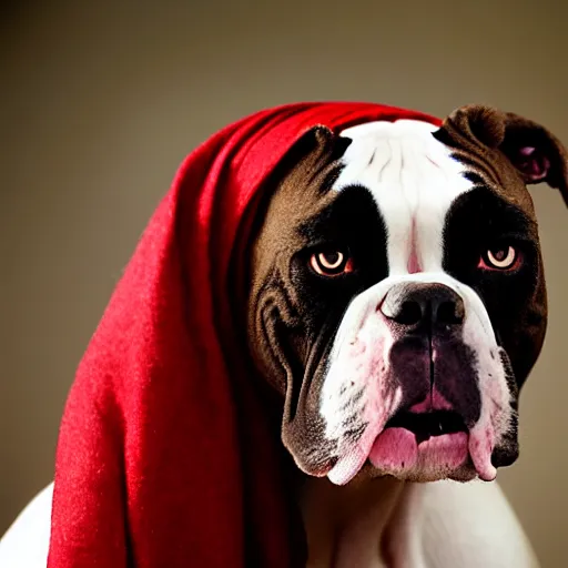 Image similar to portrait of american bulldog as afghan girl, green eyes and red scarf looking intently, photograph by steve mccurry