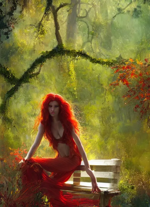Prompt: full body portrait of a beautiful woman with fire red flowing hair, her pale body loosely clothed in vines, sitting on a bench, leaning backwards, dense foliage in the background, by Jeremy Mann, vivid colors, green hue, stylized, detailed, loose brush strokes