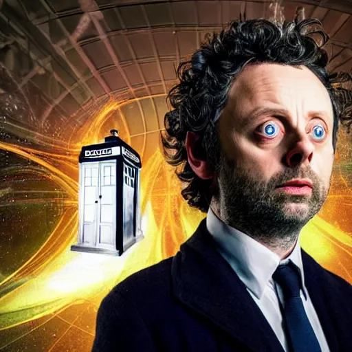Prompt: a beautiful full body photograph of michael sheen as'doctor who ', time vortex in the background, detailed face, symmetrical face, extreme realism and detail, 8 k, completely framed, direct lighting, 3 5 mm photo, photorealistic, sharp focus