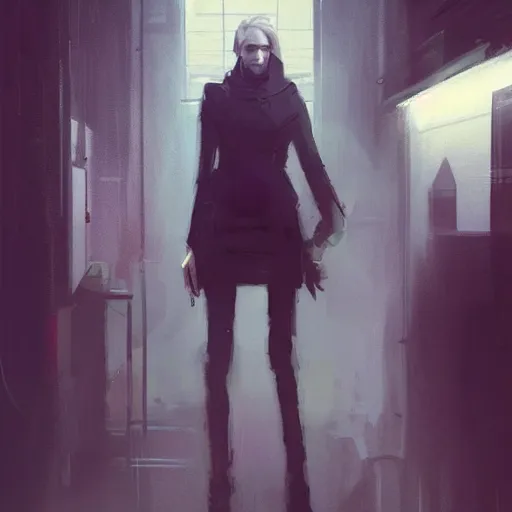 Image similar to concept art by greg rutkowski, a very tall, and slender woman with blond hair, talking with a very tall and slender mand with short black hair, brutalist futuristic interior, dark lighting atmosphere, detailed portraits, nostalgic atmosphere, scifi, digital painting, artstation, concept art, smooth, sharp foccus ilustration, artstation hq