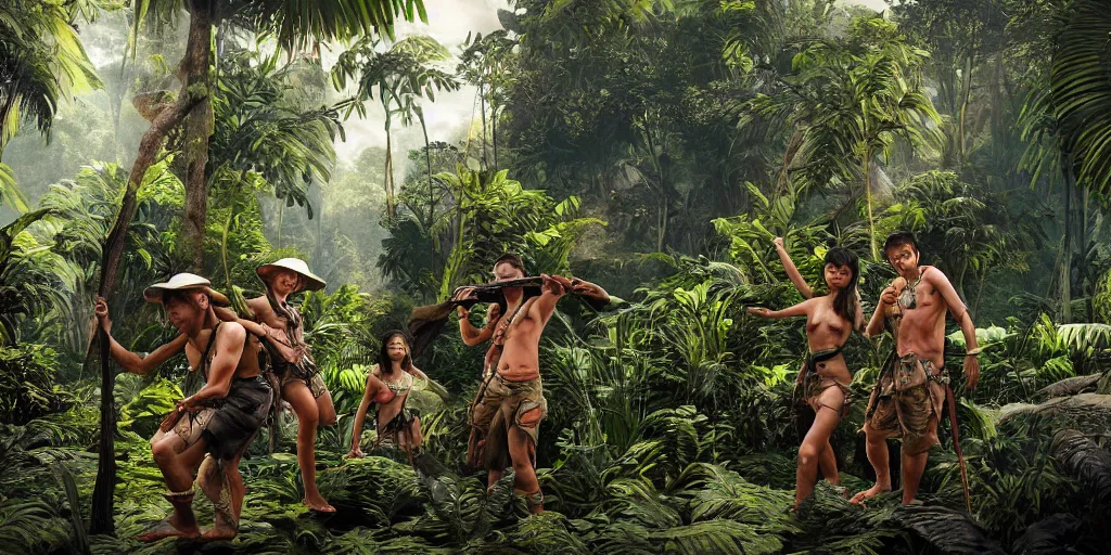 Image similar to borneo people in jungle, unreal 5, hyperrealistic, realistic, photorealistic, dynamic lighting, highly detailed, cinematic landscape, studio landscape, studio lighting