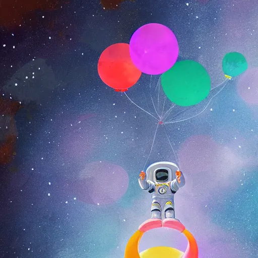 Prompt: an Astronaut floating away holding onto a bunch of colourful balloons, vivid colors, artstation