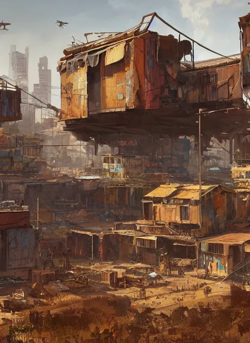 Prompt: A professional digital painting of a far-future city, rust, corrugated metal, shanty town, by Greg Rutkowski and James Gurney, trending on Artstation