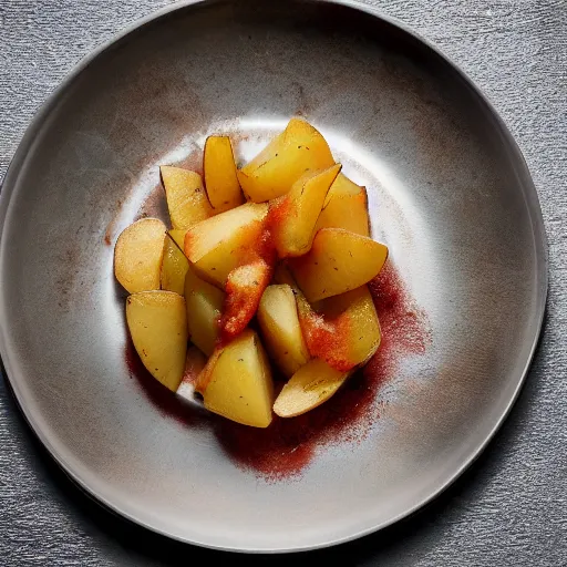 Image similar to Alinea dish - Potato with Ketchup, food photography, award winning, Grant Achtz