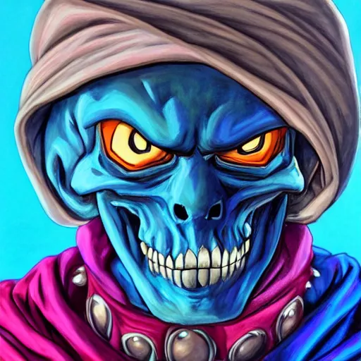 Image similar to ultra realistic portrait painting of skeletor as a jester, art by akira toriyama, 4 k, dragon ball artstyle, cel shaded, highly detailed, epic lighting