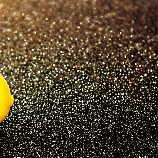 Image similar to a close up of a lemon made entirely out of glittering stardust. every speck of glitter is sharply in focus, and the stardust appears to be moving and swirling around. the background is a deep black.