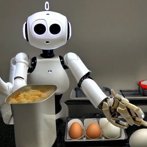 Prompt: a robot making eggs for his owners