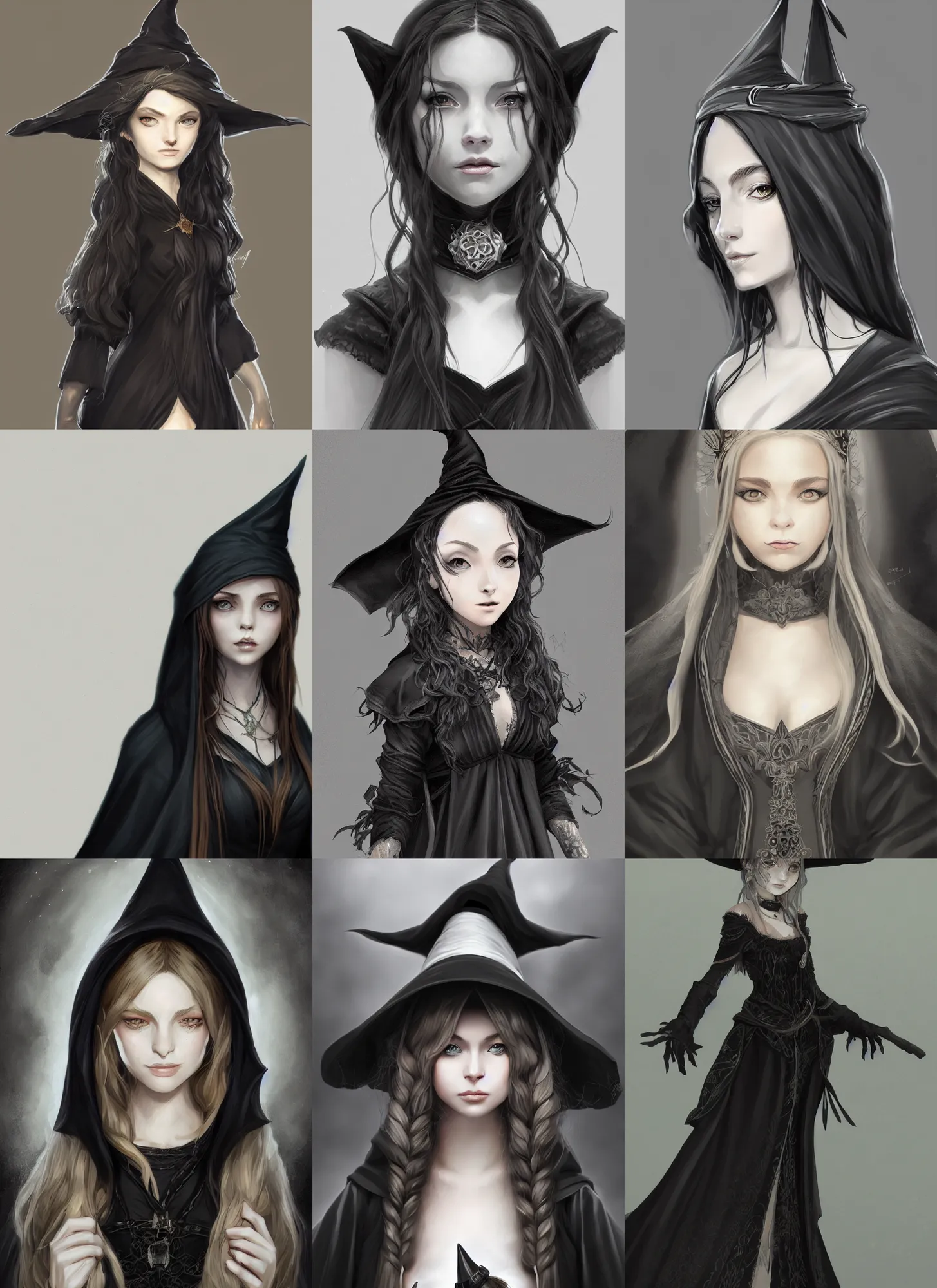 Prompt: portrait of a young witch in black robes, intricate, elegant, highly detailed, digital painting, artstation, concept art, sharp focus, illustration, art in the bravely default style