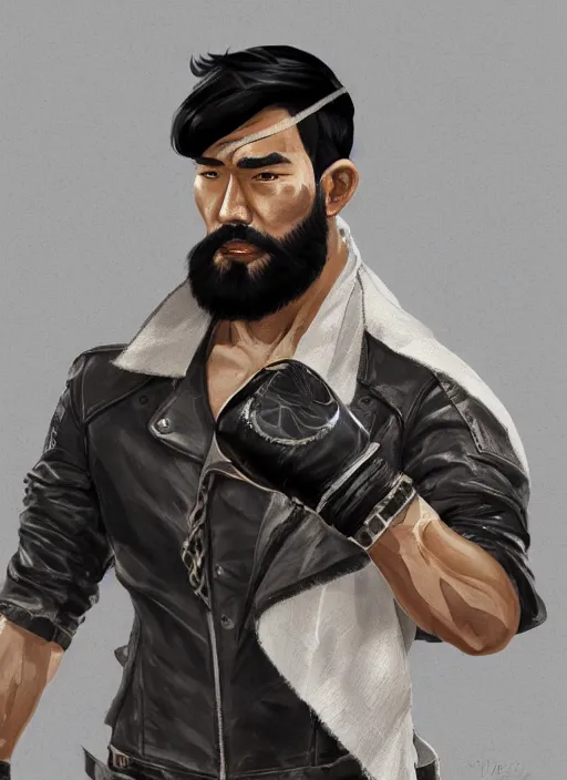 Image similar to a highly detailed illustration of bearded asian man wearing leather jacket with bandaged right hand, focused boxing philly shell stance pose, hands shielding face, intricate, elegant, highly detailed, centered, digital painting, artstation, concept art, smooth, sharp focus, league of legends concept art, WLOP