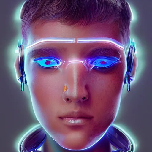 Prompt: a beautiful portrait of a young bionic male cyborg, cyberpunk, intricate wiring, perfectly clean translucent skin, perfect proportions, electronic components, augmented vision, volumetric light, photography, color, intricate, extremely detailed, hyperrealistic, color pencil drawing, trending on artstation