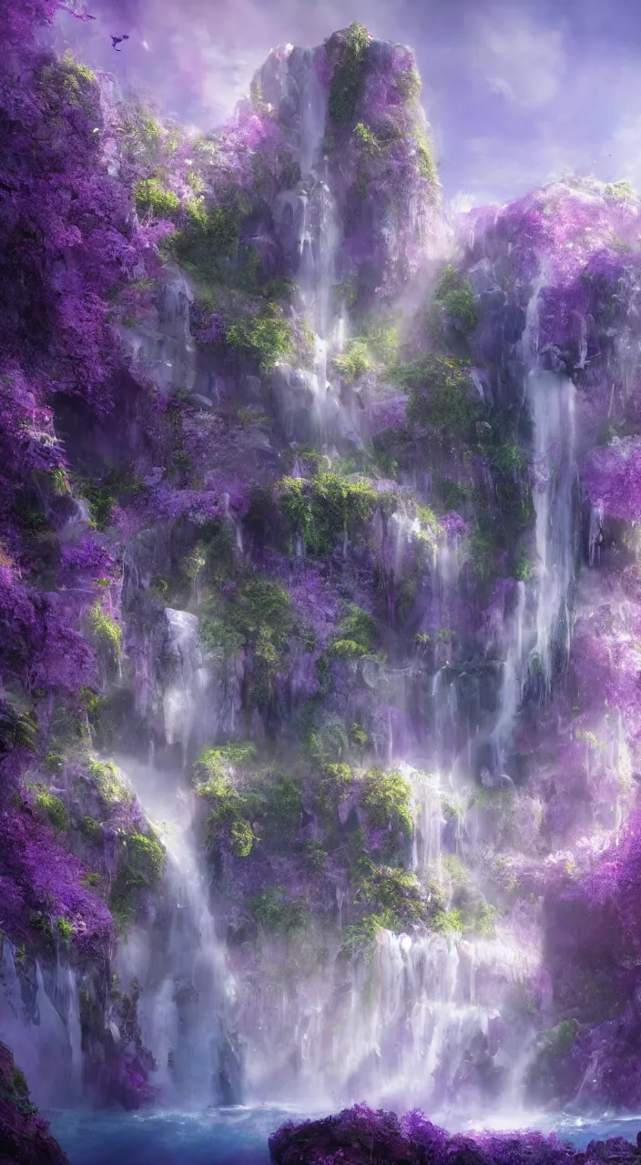 Prompt: a mystical fairy city in the amethysts wall of a dreamy waterfall cave with and lilac sunrays, trending on artstation, concept art, matte painting, 8 k