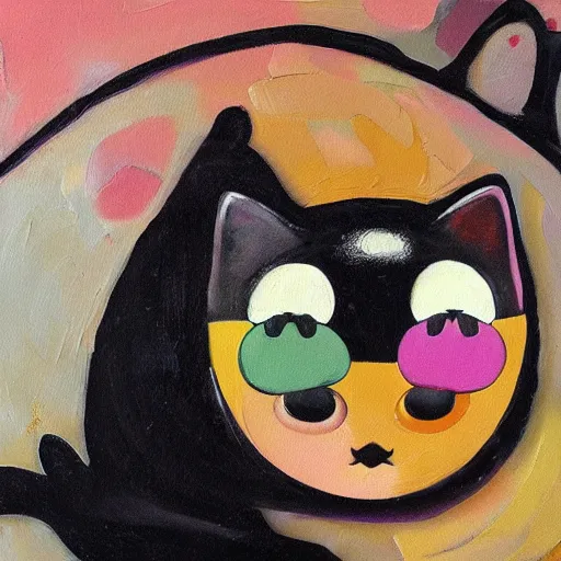 Prompt: an abstract oil painting of a cute fat black cat sleeping in the style of takashi murakami