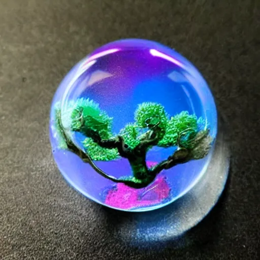 Prompt: contained in a glass cube is an iridescent alien bonsai made of plasticine.