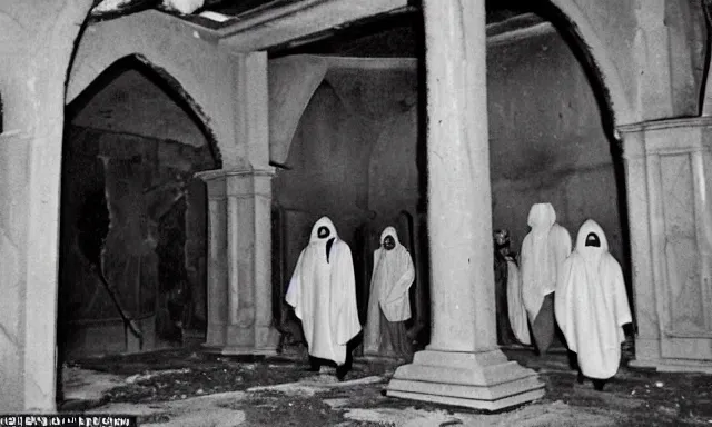 Prompt: cultists dressed in robes with masks and gloves, burnt church interior, ceremonial, realistic photo, cctv footage, investigative footage