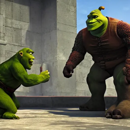 Image similar to ultra wide gameplay screenshot, shrek fighting with steven armstrong ( metal gear ) on a helipad, epic, world record, digital illustration radiating a glowing aura global illumination ray tracing hdr fanart arstation