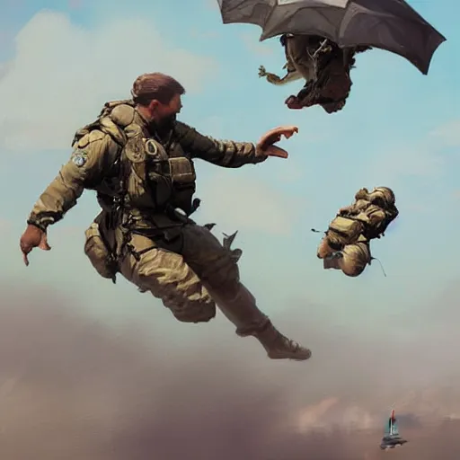 Prompt: airborne paratroopers jumping from parachutes, style of greg rutkowski