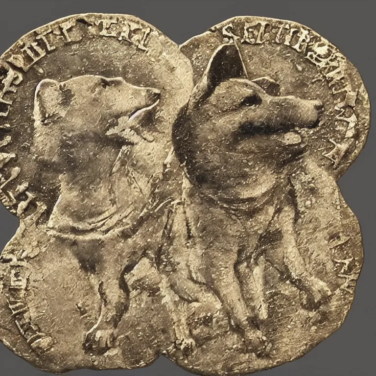Prompt: ancient roman coin with a shiba inu and some latin writing