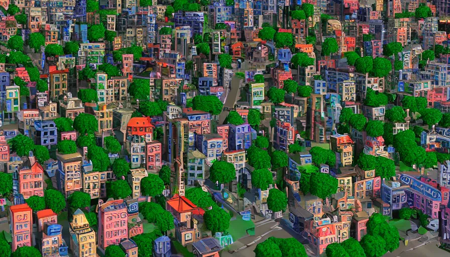 Image similar to a stylized 3D city on green hills, in the style of Silke Van Der Smissen and Maria Puchkova on ArtStation, 4k,