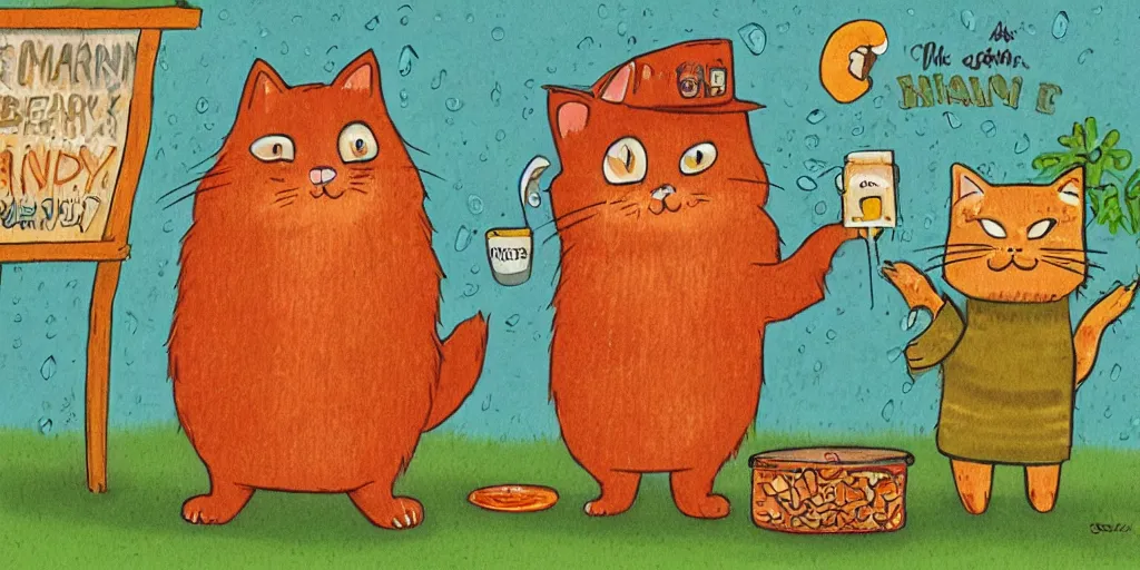 Image similar to a beard man and an orange tabby kitten standing in the rain by richard scarry