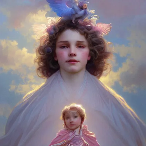 Prompt: childs day dream in clouds, sharp focus, intricate, elegant, digital painting, artstation, matte, highly detailed, concept art, illustration, volumetric lighting, gold and blue and pink color scheme, art by greg olsen, alphonse mucha, and greg rutkowski