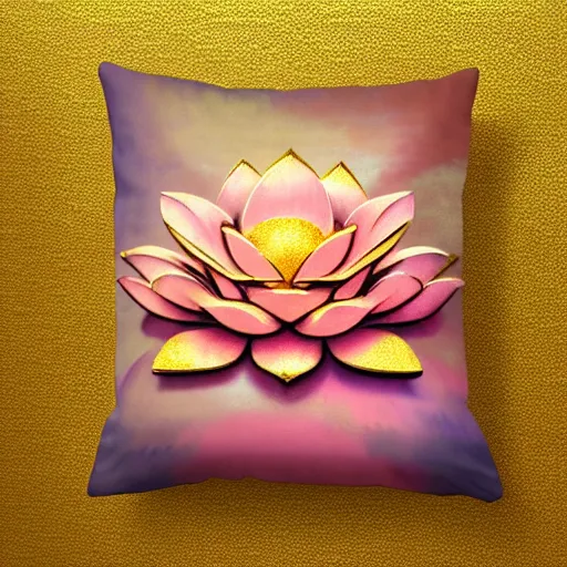 Prompt: a pastel illustration in the style of noriyoshi ohrai and mark tedin of an ancient holy gilded metal lotus artifact that sits in a temple on pillow. key art. 4 k retrofuturistic fantasy