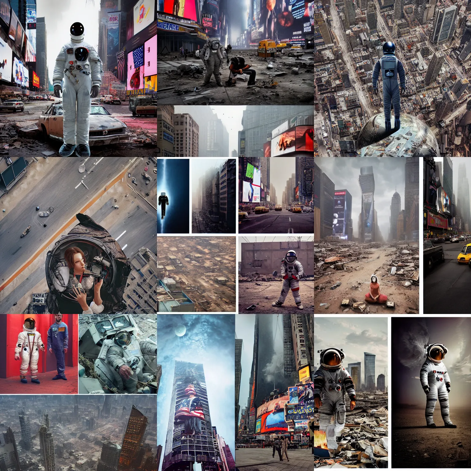 Prompt: american spacesuit astronaut in postapocalyptic times square nuclear bombing, overcast, high angle, by steve mccurry, by oleg oprisco, by thomas peschak, by nasal, by victor enrich, by gregory crewdson