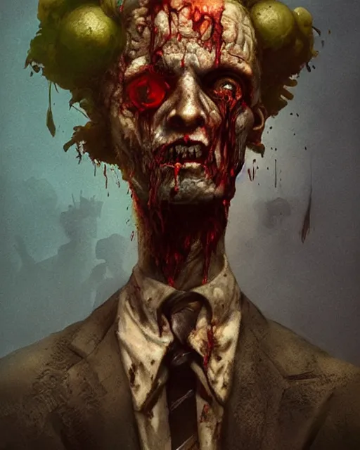 Image similar to hyper realistic photo portrait zombie with a television on his head cinematic, greg rutkowski, james gurney, mignola, craig mullins, brom