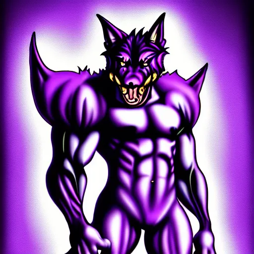 Prompt: giant anthropomorphic muscular purple wolf dragon, generic furry style, wearing jeans, deviantart, professional furry drawing, insanely detailed, artistic design, wolf - like face, doing a pose from jojo's bizarre adventure, detailed muscles, exaggerated features, beautiful shading, studio lighting