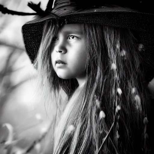 Image similar to stunning portrait photography of young beautiful witch princess from national geographic award winning, dramatic lighting, taken with canon 5d mk4, sigma art lens, monochrome