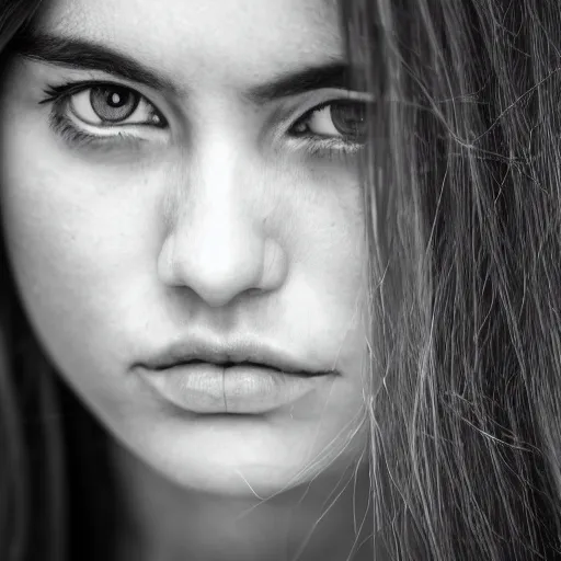 Prompt: masterpiece photo of a melancholic portrait of an aesthetic beautiful 30 years old woman, with mid long hair, canon 50mm, monochromatic, background blur, closer view, realistic!