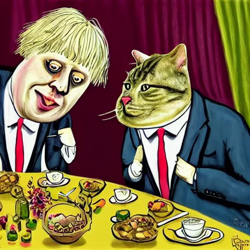 Prompt: boris johnson cartoonized. hyperrealistic. cartoonized cat. they have a romantic dinner. folk horror style art.