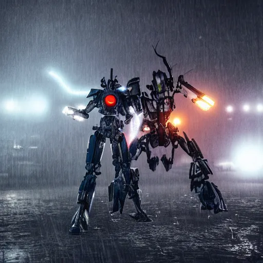 Prompt: 2 mecha warriors battling each other in heavy rain, ground fog, lighting, moody lighting, 8 k, shallow depth of field, cinematic lighting,